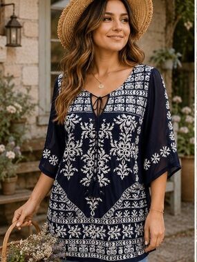 INC International Concepts Navy Blue and White Embroidered Boho Blouse